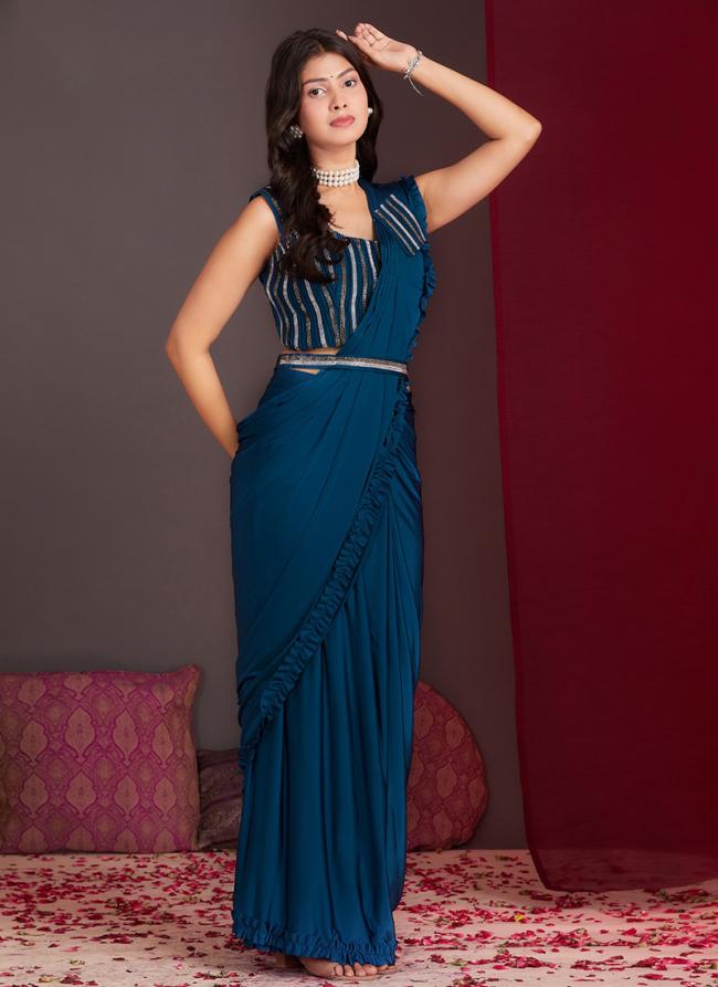 Lycra Aqua Blue Party Wear Frill Border Ready To Wear Saree